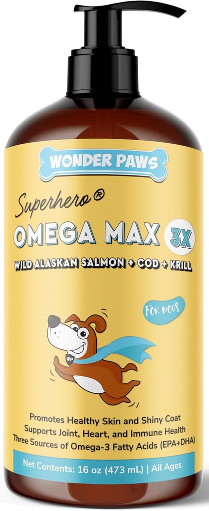 Wonder Paws Fish Oil for Dogs - Omega 3 for Dogs from Alaskan Salmon, Cod & Krill Oil - EPA DHA Fatty Acids - Less Shedding & Itching - Skin, Joint, Immune & Heart Health - Liquid Supplement (16 oz)