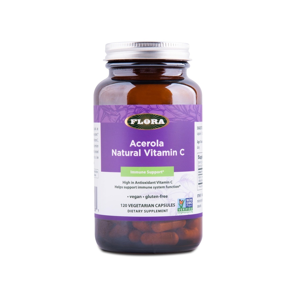 Flora Health Acerola Natural Vitamin C, Daily Immune Booster, Gluten Free & Vegan Antioxidant Powder, 120 Vegetarian Capsules, Glass Bottle