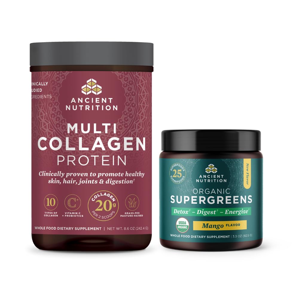 Ancient Nutrition Multi Collagen Protein Powder, Unflavored, 24 Servings + Organic Supergreens Powder, Mango, 12 Servings