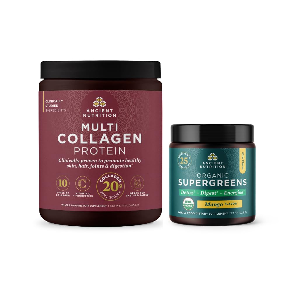 Ancient Nutrition Multi Collagen Protein Powder, Unflavored, 40 Servings + Organic Supergreens Powder, Mango, 12 Servings