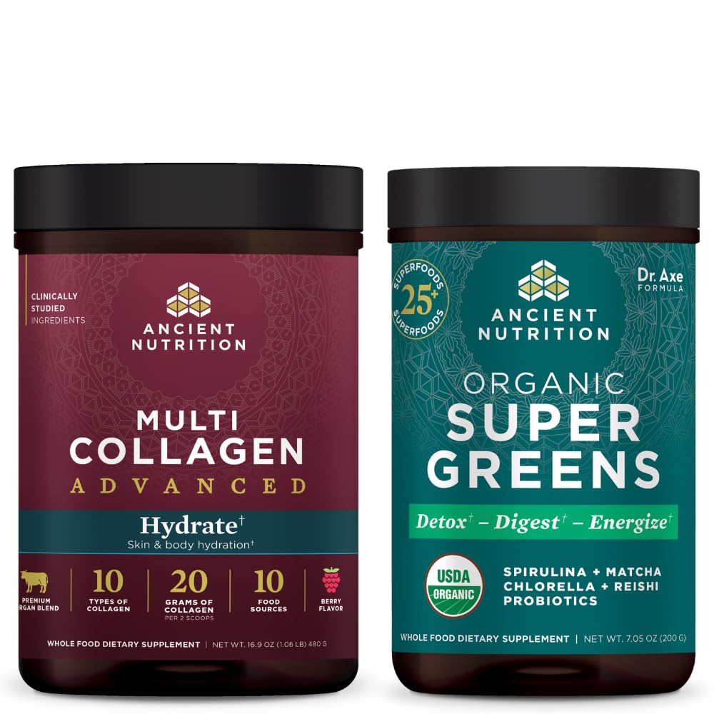 Ancient Nutrition Multi Collagen Advanced Powder Hydrate, Mixed Berry, 30 Servings + Organic Supergreens Power, Greens Flavor, 25 Servings