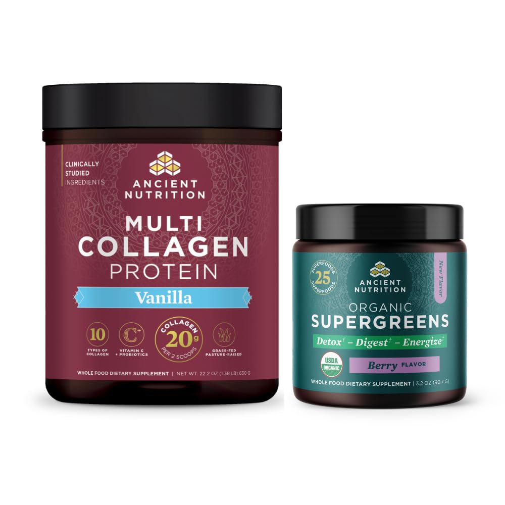Ancient Nutrition Multi Collagen Protein Powder, Vanilla, 60 Servings + Organic Supergreens Powder, Berry, 12 Servings