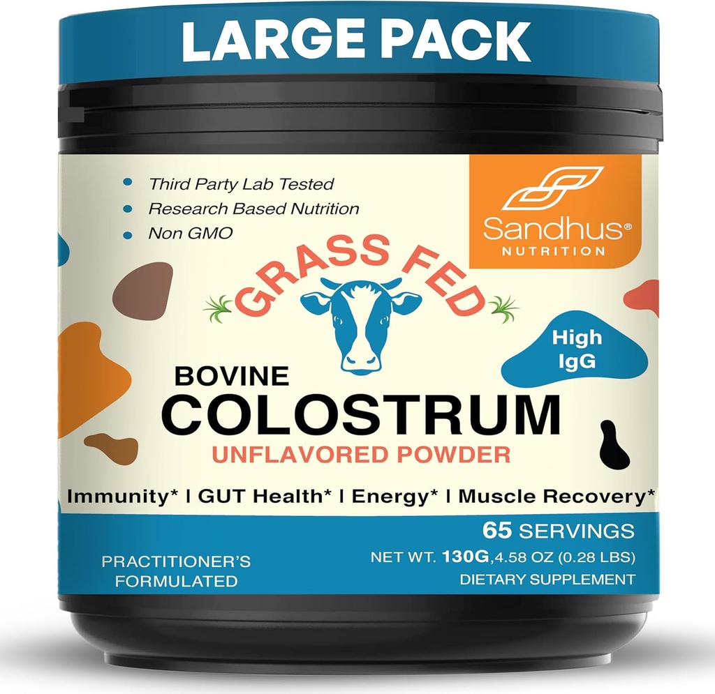 Sandhu's Grass Fed Bovine Colostrum Powder for Humans, Adults | 65 Servings (Pack of 1) Cows Supplement | High IgG for Gut Health | Immunity & Muscle Recovery Support | Unflavored | for Men & Women