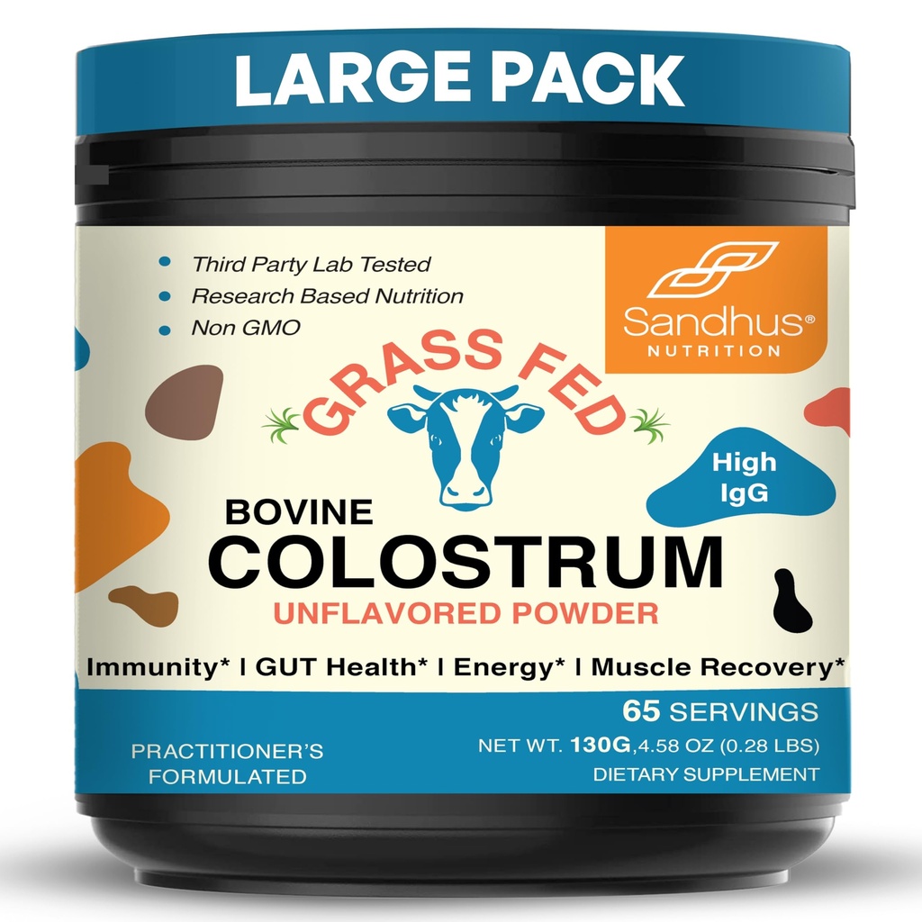 Sandhu's Grass Fed Bovine Colostrum Powder for Humans, Adults TEN 65 Servings (Pack of 1) Cows Supplement TEN High IgG for Gut Health TEN Immunity &amp; Muscle Recovery Support ← Desflavored Silencio for Men &amp; Women