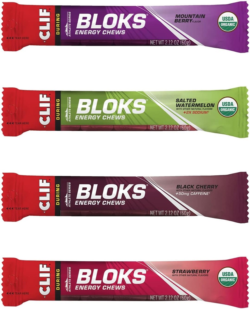 CLIF BLOKS - Chews de energía - 4 Flavor Variety Pack - Non-GMO - Alimentación basada en plantas - Carbs rápidos para el ciclismo y el funcionamiento - Workout Snack (2.1 Ounce Packet, 12 Cuenta)