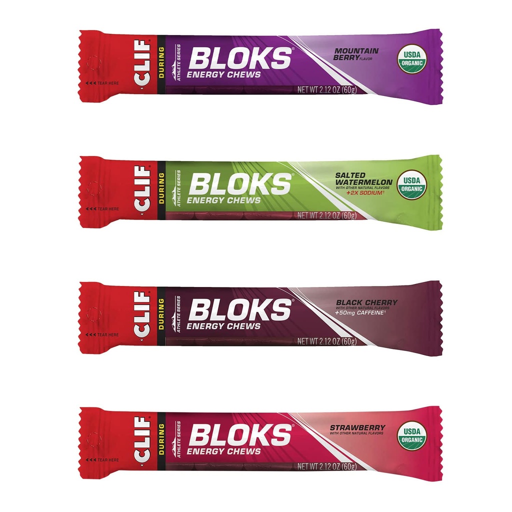CLIF BLOKS - Energy Chews - 4 Flavor Variety Pack - Non-GMO - Plant Based Food - Fast Carbs for Cycling and Running - Workout Snack (2.1 Ounce Packet, 12 Count)