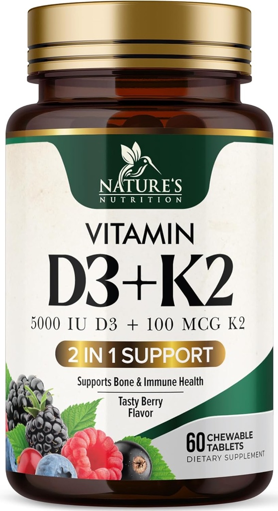 Vitamin D3 K2 Supplement | 5000 IU D3 + K2 100 mcg | MK-7 K2 with Vitamin D | Supports Immune, Heart, Teeth & Bone Health - Nature's Easy to Chew, VIT D3 K2, Non-GMO, Tasty Berry Flavor - 60 Tablets