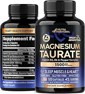 Magnesio Taurate 1500 mg con vitaminas B6, C & D3 - Pimienta para la absorción mejorada - Pruebas de laboratorio, Hecho en EE.UU. - 120 cápsulas, 2 meses de suministro