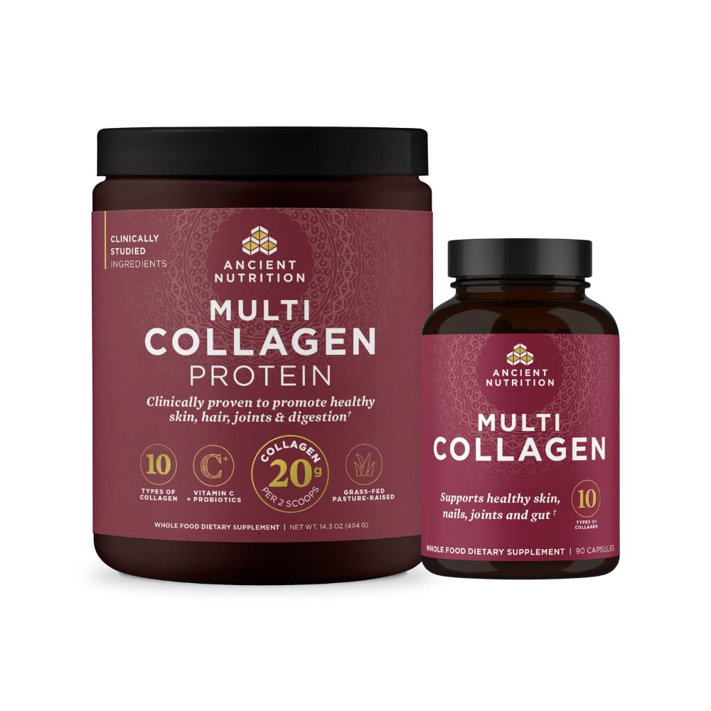 Ancient Nutrition Multi Collagen Peptides Protein Powder, Unflavored, 40 Servings + Multi Collagen Peptides Capsules, 90 Count