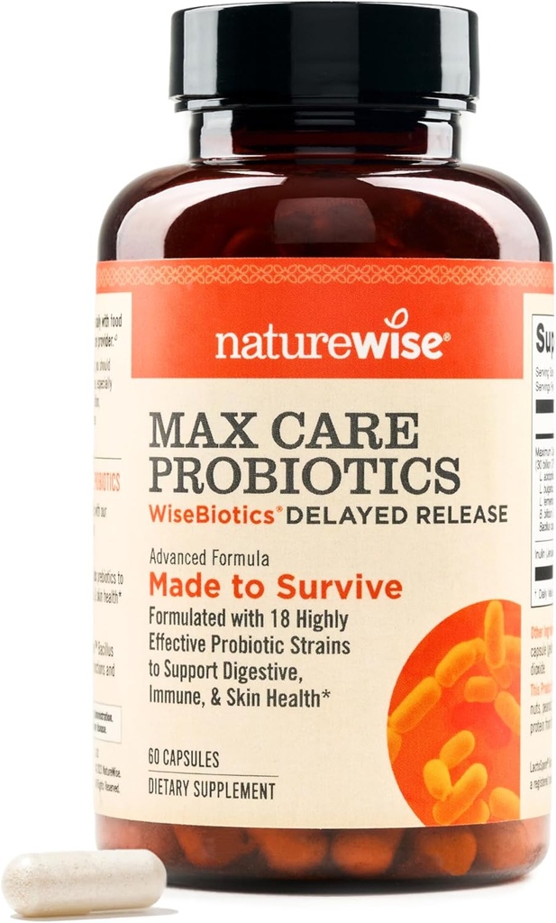 NatureWise Max Probiotics for Women &amp; Hombre - 30 Billion CFU 18 Strains with Prebiotics - For Gut & Digestive Health - Delayed-Release Capsules, Gluten Free - 60 Capsules[2-Month Supply]
