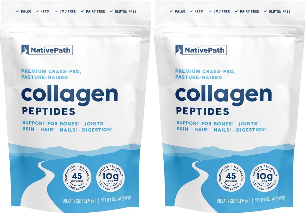 NativePath Collagen Peptides Protein - Hydrolyzed Type 1 & 3 Collagen Powder for Skin, Hair, Nails - 15.9 oz (45 Servings) (Pack of 2)