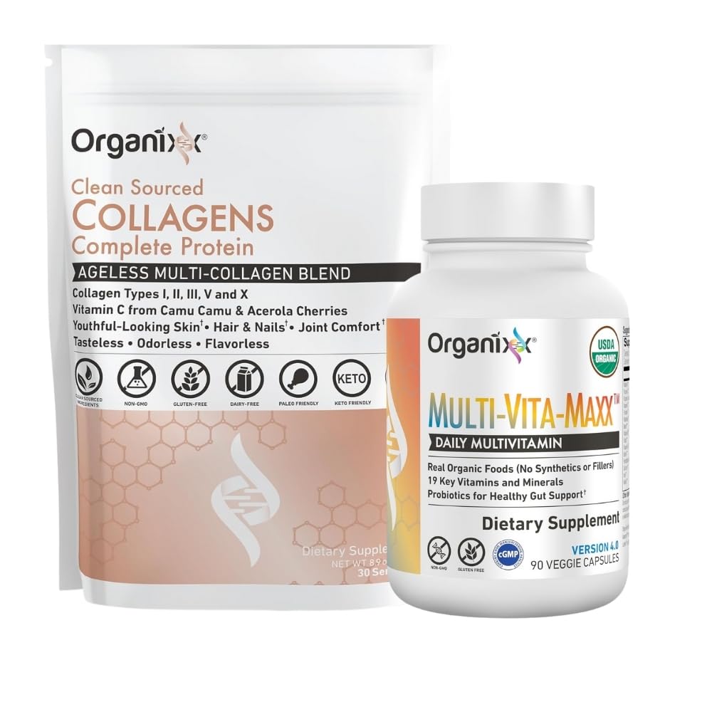 Organixx Clean Sourced Collagens (30 Serv) & Multi-Vita-Maxx (90 Caps) Bundle, Protein w/Vitamin C & Zinc Plus USDA Organic Whole Food Multivitamin, Supports Hair, Joints & Daily Energy, Gluten Free