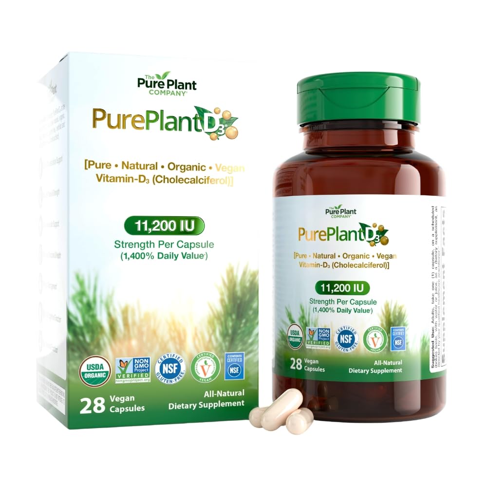PurePlantD3 2,800 IU Organic Vegan Vitamin D3 from Pine - Bone, Immune & Muscle Support - Cholecalciferol 70 mcg, Non-GMO, Gluten-Free, 28 Capsules