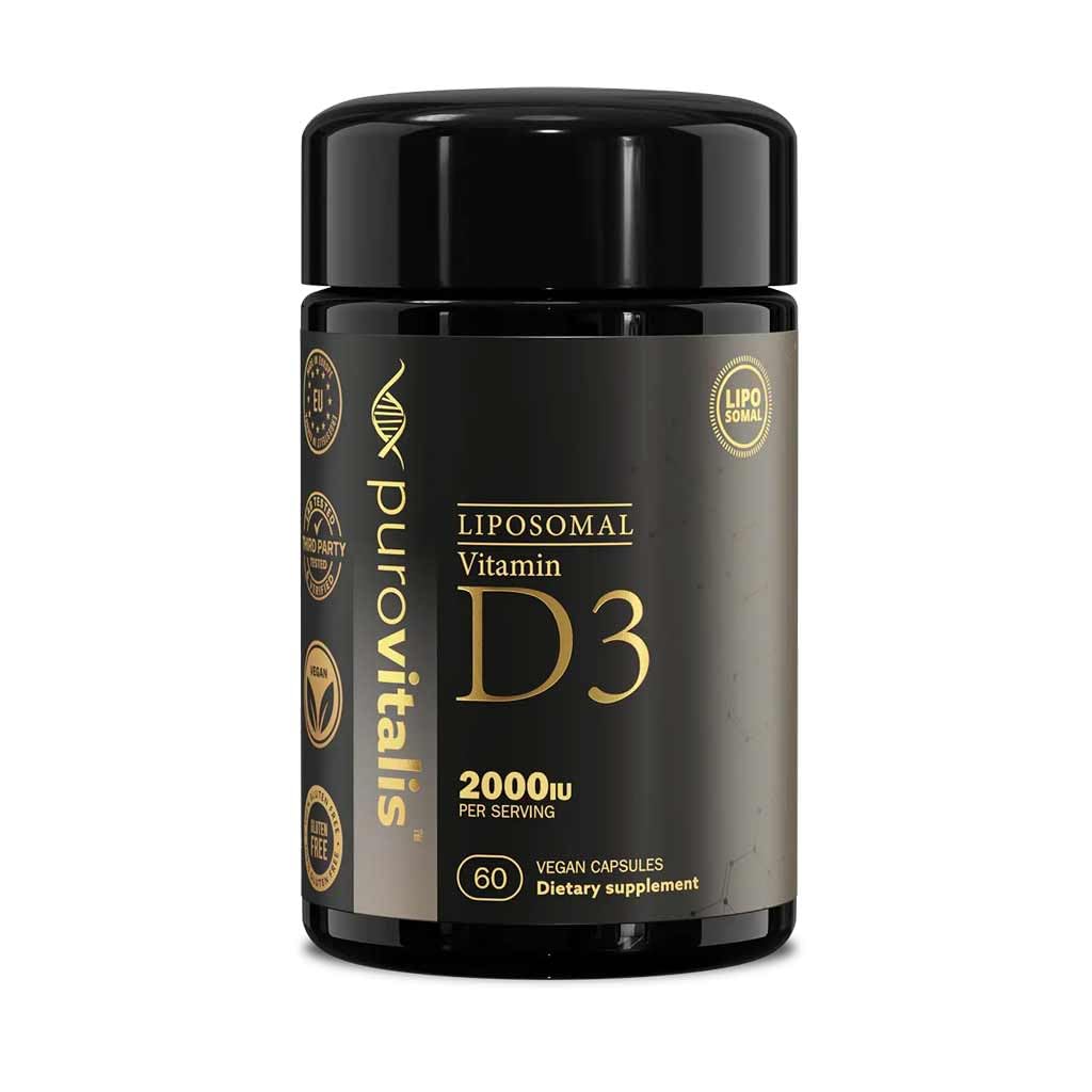 PUROVITALIS Liposomal Vitamin D3 2000iu, High Strength Anti-oxidant Supplement, 1-Month Supply (60 Vegan Capsules)