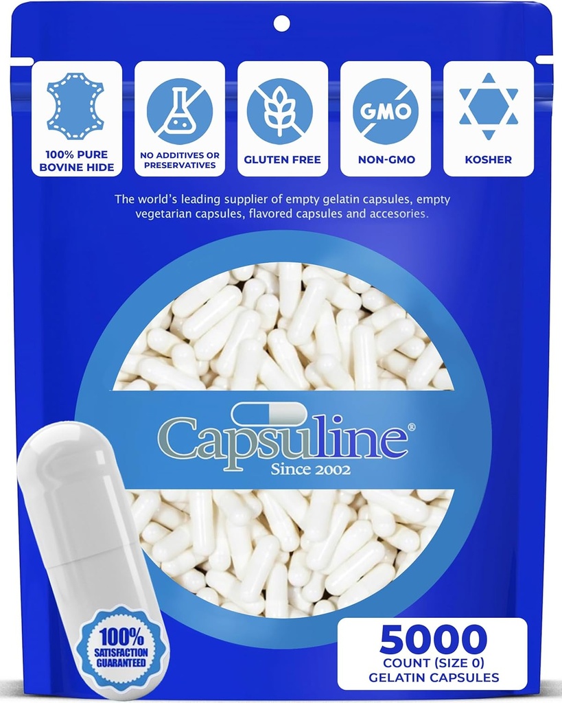 Capsuline Coloreado Tamaño 0 Empty Gelatin Capsules White/White 5000 Conde SilencioFabricada en América del Norte y del Sur AnteriorKosher " Halal Certified ←Gluten Free