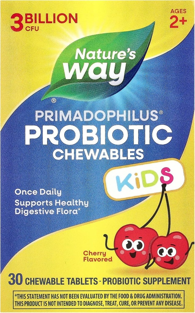 Camino de la Naturaleza Primadophilus Probiotic Chewables para Niños, Apoya Flora Digestiva Saludable*, para Niños Edades 2+, 3 Billones CFU, 30 Chewables Flavored Cherry (Packaging May Vary)