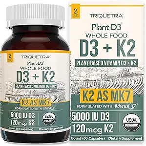 Planta orgánica D3 + K2 tención 5000 iu D3 + 120 mcg K2 como All-Trans MK7 de MenaQ7® - 100% Whole Food, Raw &amp; Vegan ← Enhanced Digestion with Prebiotic & Superfood Complex – D3 from Organic Algae (60 Count)
