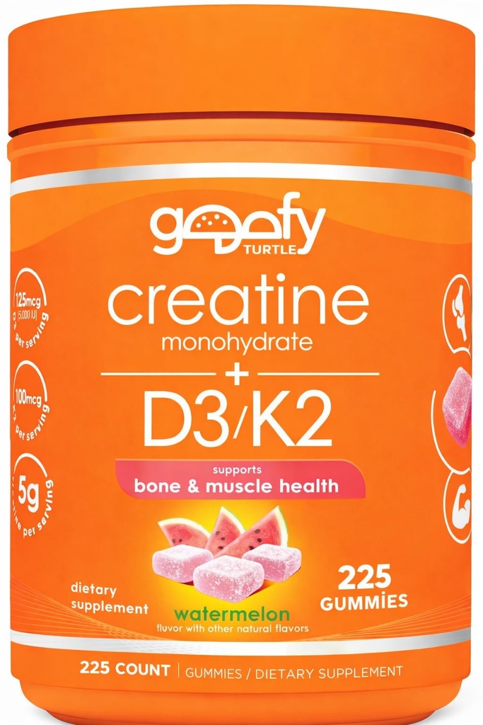 Creatine Monohydrate + D3 K2 Gummies (225 Count. Value Pack) - Muscle, Bone & Performance Support - Watermelon Flavor - Goofy Turtle