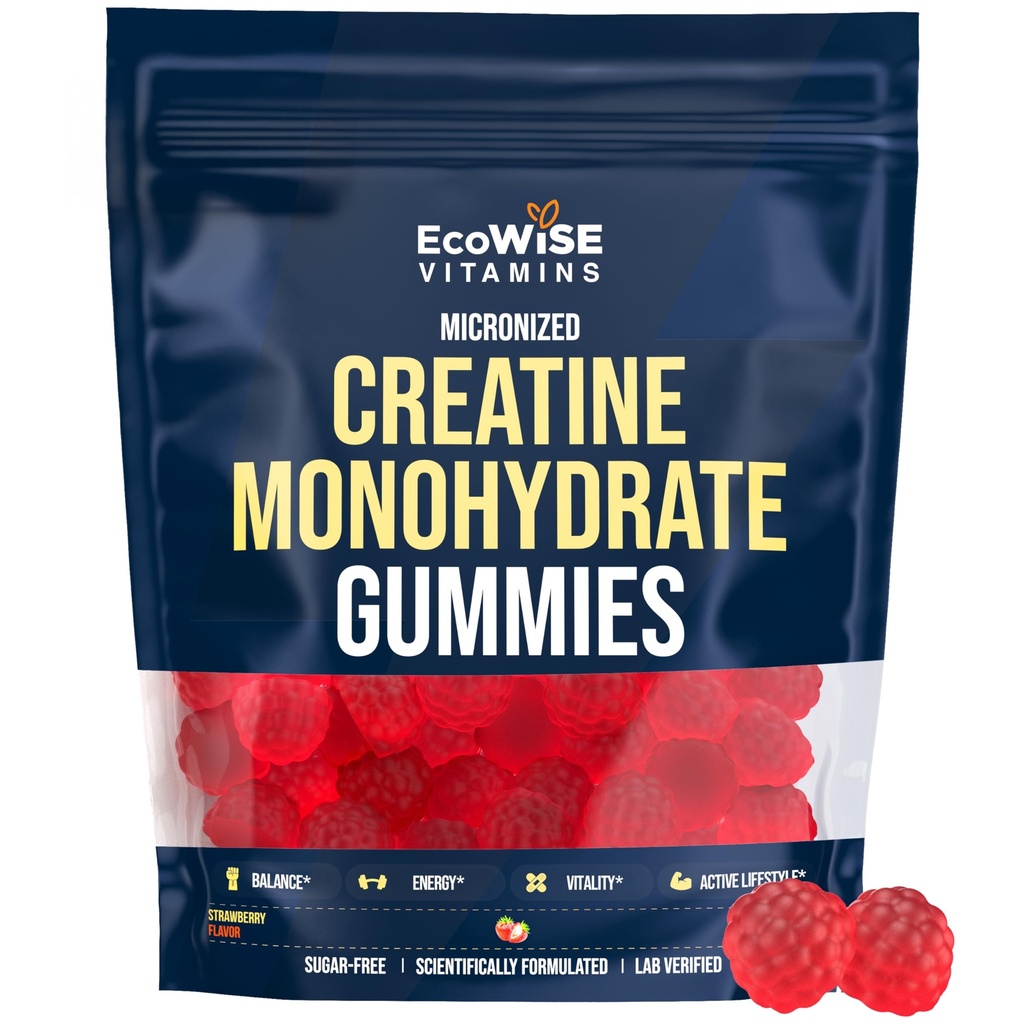 Creatine Monohydrate Gummies 5000 mg per Serving, Strawberry Flavor, with Turmeric Root & Black Pepper, Sugar Free, Vegan Creatine Gummies, 120 Gummies, 30 Servings