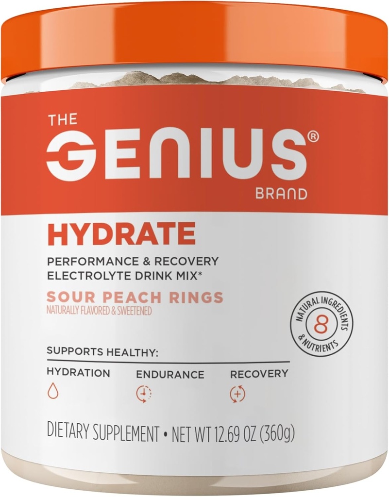 The Genius Brand Genius Hydrate - Electrolyte Supplement for Daily Hydration - Coconut Water - Sugar-Free - 8 Minerales esenciales " Nutrientes - Non-GMO - Anillos de durazno - 50 Servings