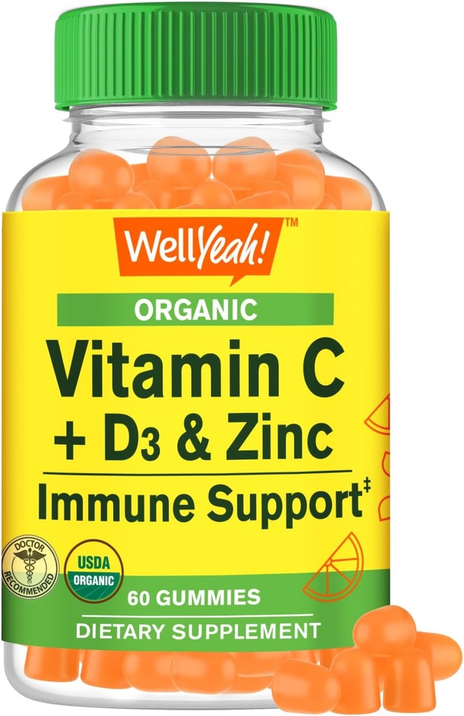 WellSí Vitamina Orgánica C + D3 + Gummies Zinc - Boosting Inmune, Antioxidante-Rich y Bone Health Supporting, USDA Organic, Vegan, and Non-GMO - Gluten-Free, Nut-Free Gummy - 60 Con