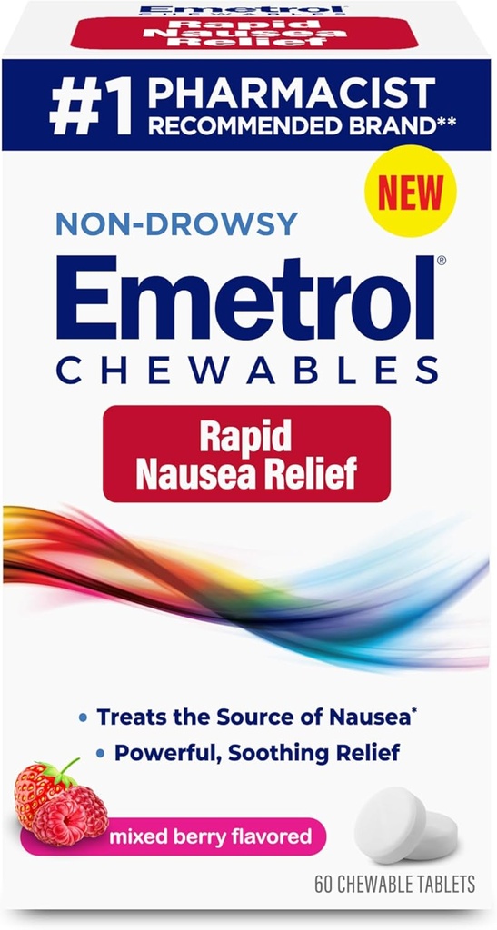 Emetrol Non-Drowsy Nausea Relief - Medicina Chewable para el estómago - Farmacéutico Recomendado Nausea Relief - Mixed Berry Flavor, 60 Tablets