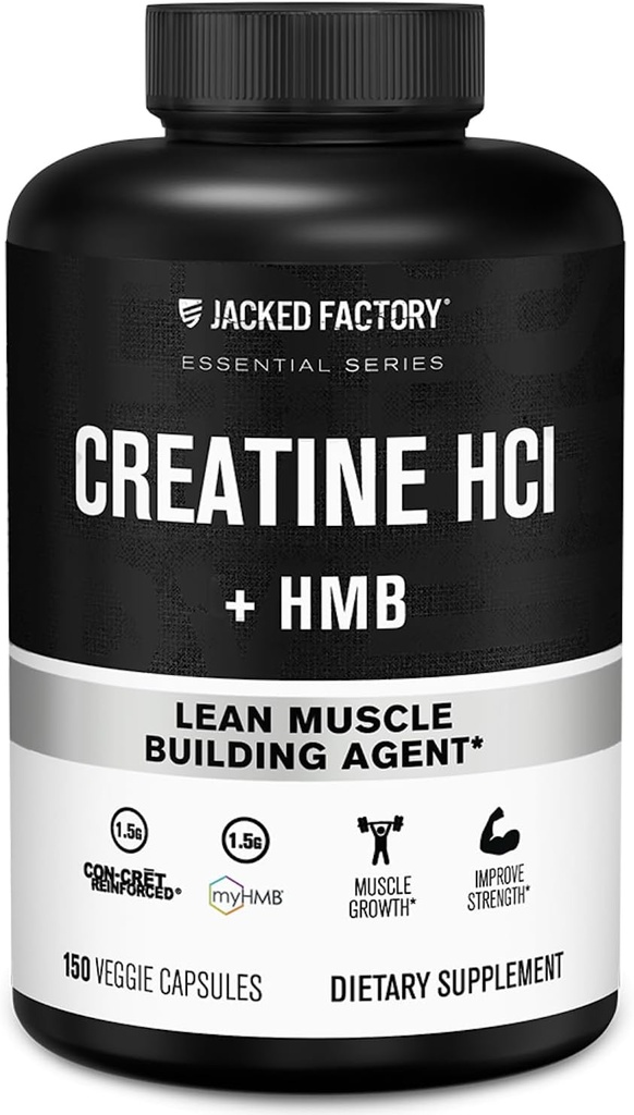 Fábrica de Jacked Creatine HCL + HMB Capsules - Con-CRET sinérgico, myHMB, &amp; Vitamina D Fórmula para el crecimiento mejorado, fuerza, " Desglose del músculo reducido - 150 cápsulas