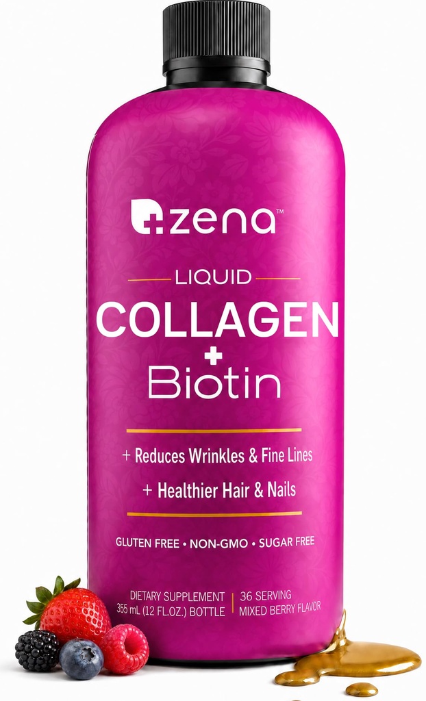 Zena Nutrition Liquid Collagen for Women, with Biotin, Hair, Skin & Nail Supplement [ 30 Servings ] 2500mg Verisol Bioactive Collagen Peptides, 5000mcg Biotin, Mixed Berry, 10 fl oz