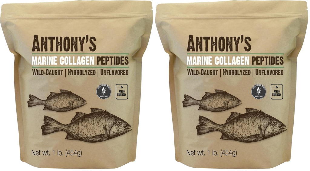 Anthony's Hydrolyzed Marine Collagen Peptides, Gluten-Free, Paleo and Keto Friendly, Unflavored, 1-Pound (Pack of 2)