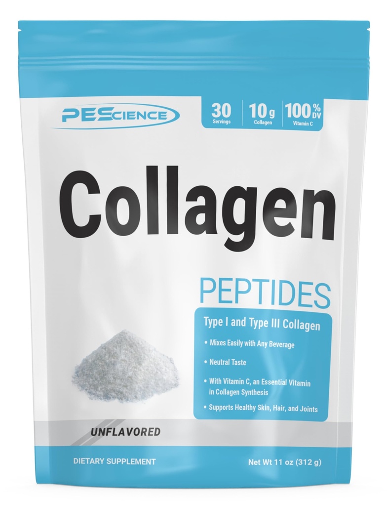 PEScience Collagen Peptides Powder, Hydrolyzed Collagen Protein Type I and Type III with Vitamin C, Bovine, Supports Hair, Skin, and Nails - 30 Servings, Unflavored
