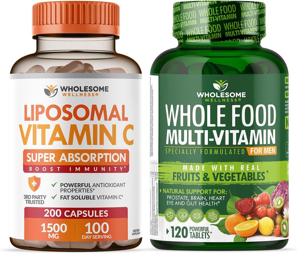 Pleno Wellness Liposomal Vitamina C Capsules (200 Píldoras 1500mg Buffered) Alta Absorción + Multivitamina Alimentaria para Hombres - Multi Vitaminas Naturales, Minerales, Extractos Orgánicos Agrupación