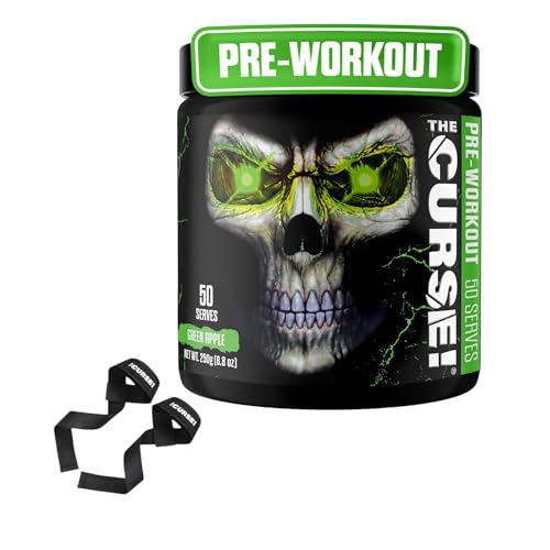 JNX SPORTS The Curse! Pre Workout Green Apple + Lifting Strap Bundle – Extreme Energy, Focus & Strength + Neoprene Wrist Support for Weightlifting, Deadlifts & Gym Training