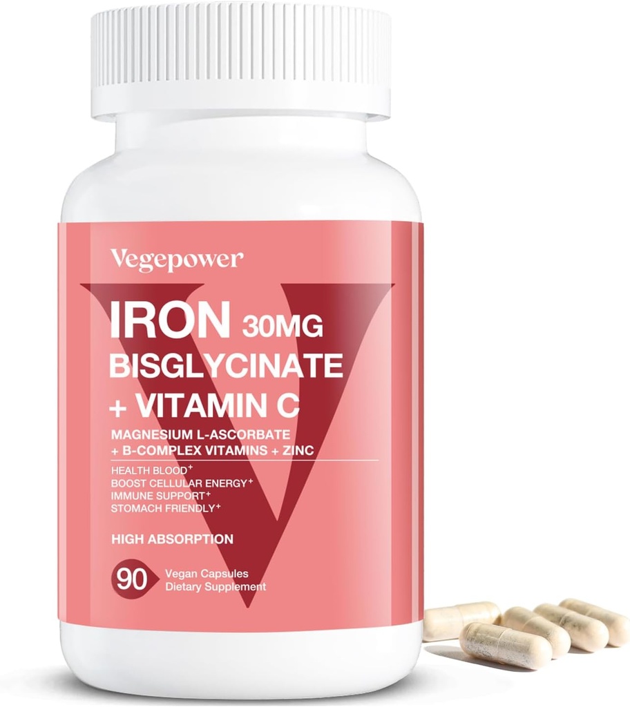 Suplementos de Hierro para Mujeres Hombres, Hierro Vegano Bisglycinate 30mg Plus Vitamina C, B12, Ácido Fólico - Planchas de Hierro para la Anemia, Sangre de Salud y Energía - Gentil, Absorción Alta, No GMO - 90 cápsulas