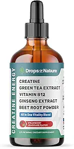Monohidratos de crema y gotas de vitamina B12 - Con pasta de remolacha, té verde orgánico " Ginseng - Vegan, absorción más rápida que Gummies de Creatina - Energía " Apoyo a la Vitalidad (Strawberry Lemonade, 60mL)