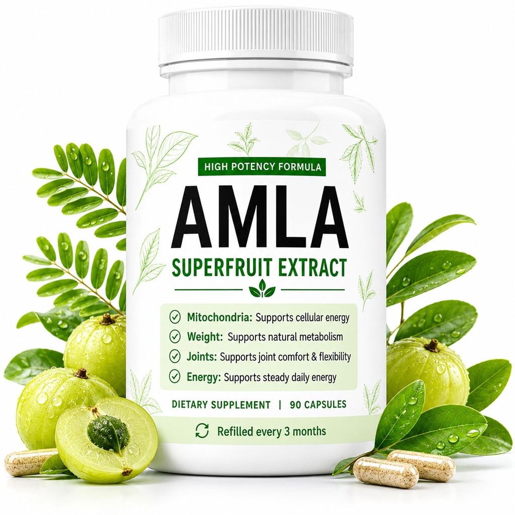 Amla Capsules, Amla Superfruit Capsules - 90 Vegan Capsules, with Ashwagandha, Rhodiola & Saffron - Indian Gooseberry Amla Fruit Extract for Antioxidant Support, Energy, Stress Balance