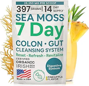 Atlantic Naturals Sea Moss 7-Day Colon & Gut Purification - Golden Flax Seeds, Psyllium Husk, Senna Powder, for Women & Men - Pineapple Flavor Drink Mix (14 oz)
