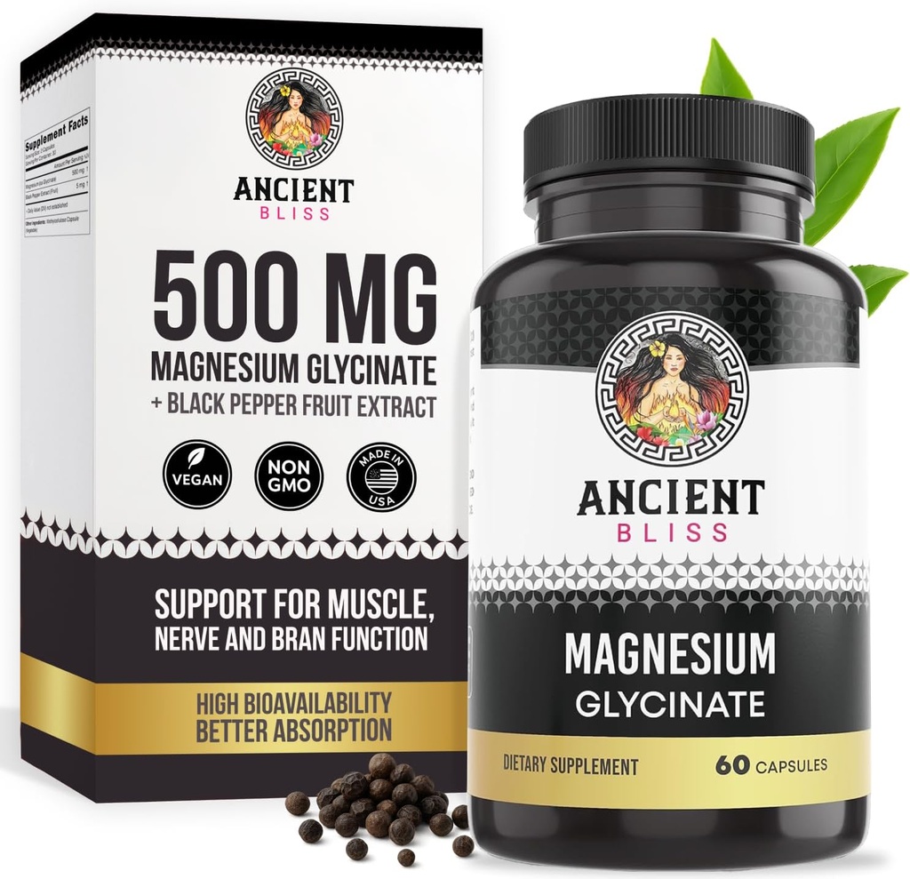 Antiguo Bliss Magnesium Glycinate for Muscles & Nerves, Digestive & Immune Support Supplement, Magnesium Supplement for Women &amp; Men (60 Capsules)