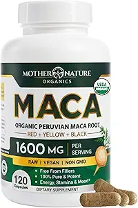Madre Naturaleza USDA Organic Maca Root Negro + Rojo + Amarillo Capsules Peruano Maca para Hombres &amp; Mujeres 1600mg, Píldoras Veganas, Apoyo Mood, Equilibrio Hormonal Reproduction & Energy (90ct)
