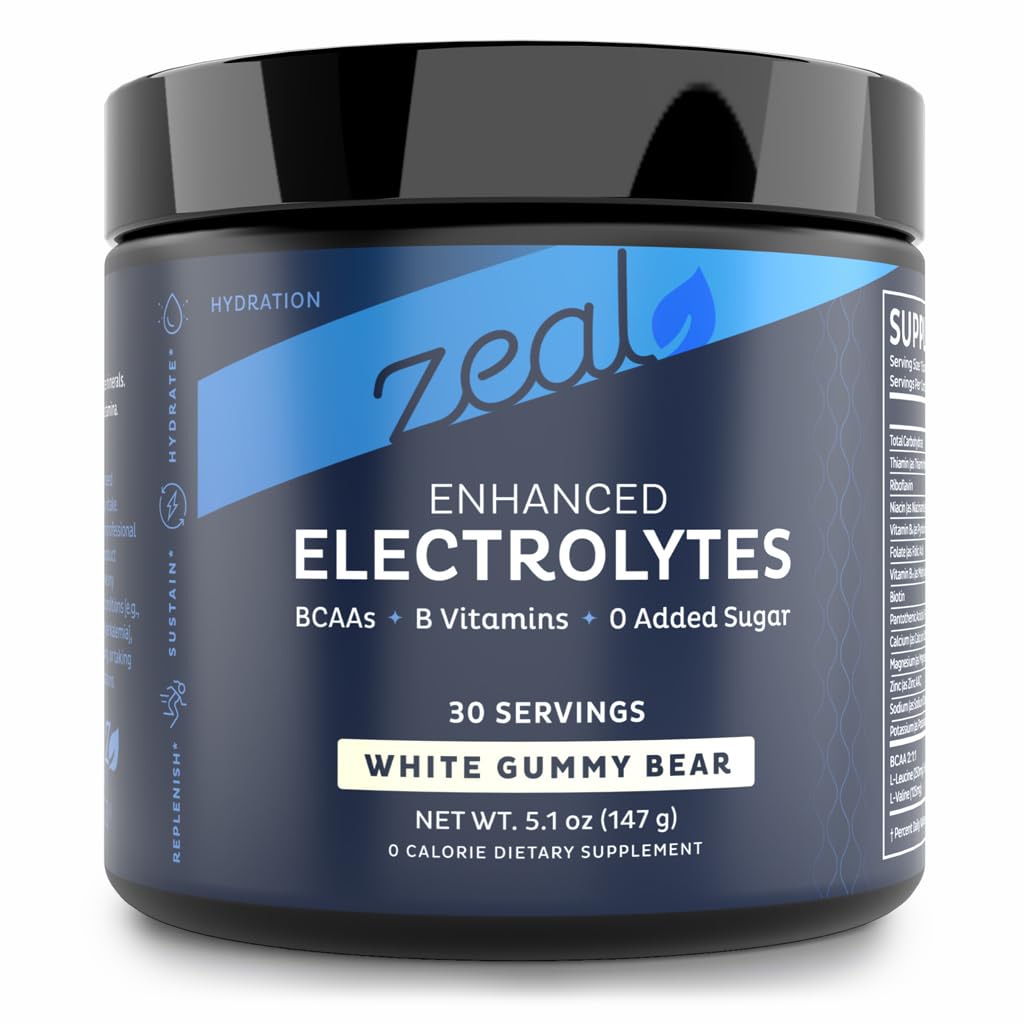 Zeal Electrolyte Powder - 30 Servings | Keto Electrolytes Powder | Zero Sugar, BCAAs, B-Vitamins | Potassium, Zinc, Magnesium | Hydration Powder Recovery Drink | White Gummy Bear