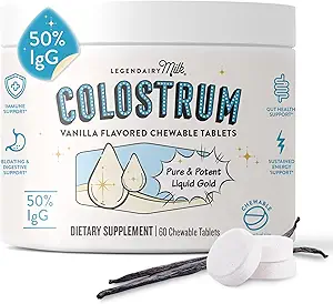 Legendairy Milk Colostrum Suplemento - Premium Bovine Colostrum for Humans - 50% IgG Inmunoglobulin for Immune Support " Gut Health - Energy &amp; Muscle Recovery - Vanilla Chewable Tablets, 30 Servings