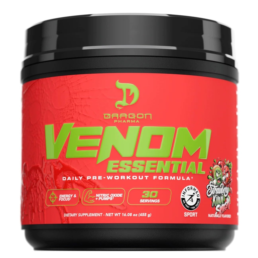 DRAGON PHARMA Pre Workout Powder, Venom Essential, Strawberry Kiwi