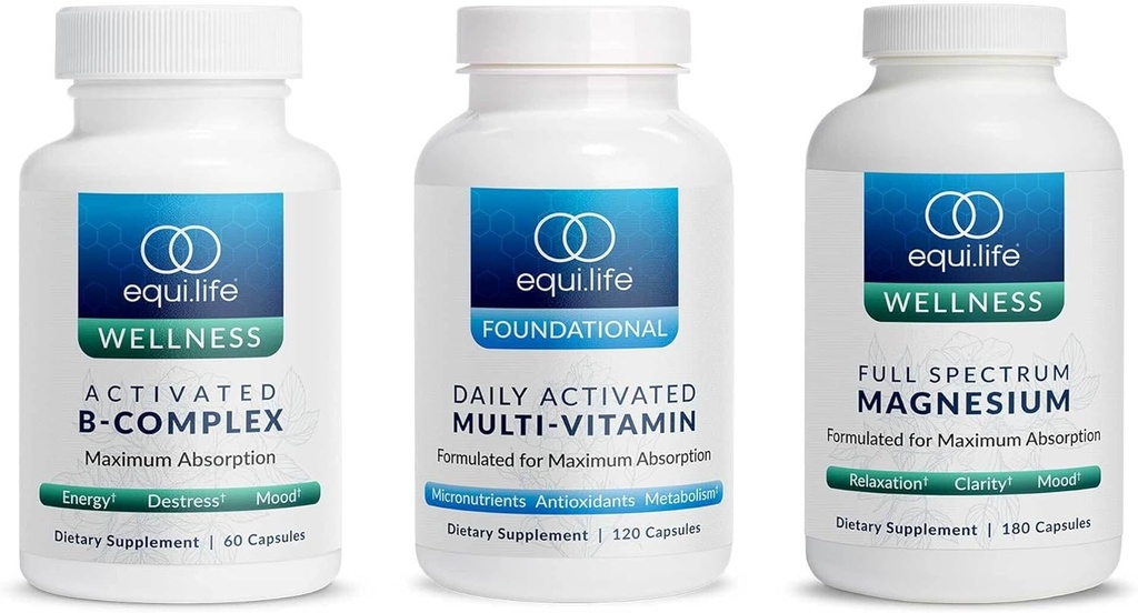 Equilife - Complejo B Activado (60 ct.), Magnesio Full Spectrum (180 ct.), Multi-Vitamin Activado diariamente (30 Servimientos)