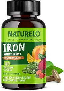 NATURELO Suplemento de hierro vegano con vitamina C y alimentos integrales orgánicos - píldoras suaves de hierro para hombres con deficiencia de hierro incluyendo embarazo, anemia y dietas veganos - 180 mini cápsulas