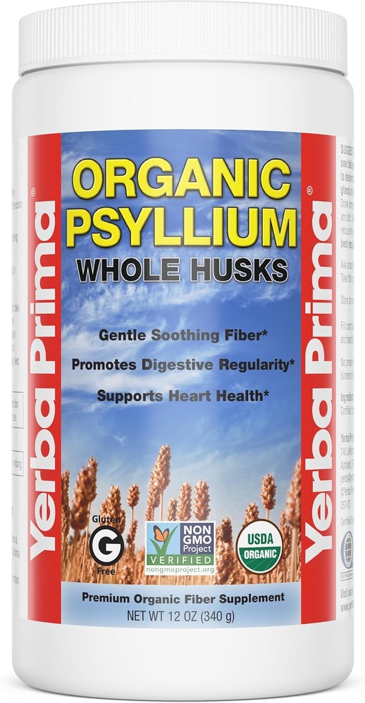 Yerba Prima Organic Psyllium Whole Husks 12 oz - Natural Dietary Fiber Supplement, Non GMO, Gluten Free, Keto and Vegan Friendly for Regularity Support, Unflavored