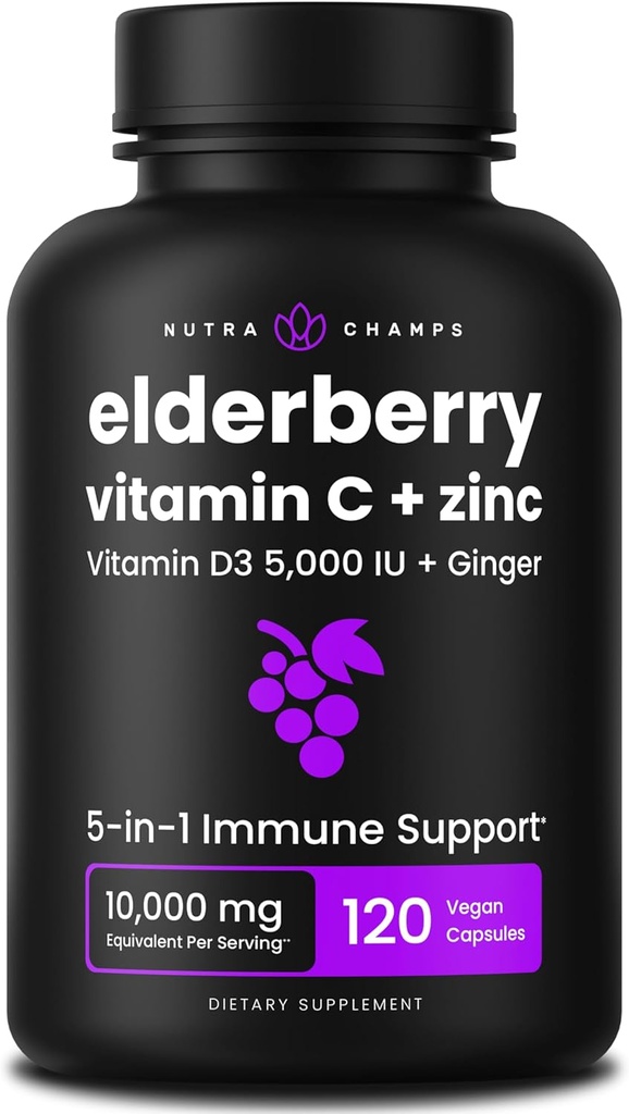 NutraChamps Elderberry con vitamina C y zinc - 5 en 1 Suplemento de inmunidad, 10.000 mg Sambucus Black Elderberry cápsulas con vitamina D3 5000 UI, Sambucus Elderberry Extract Immune Support for Adults