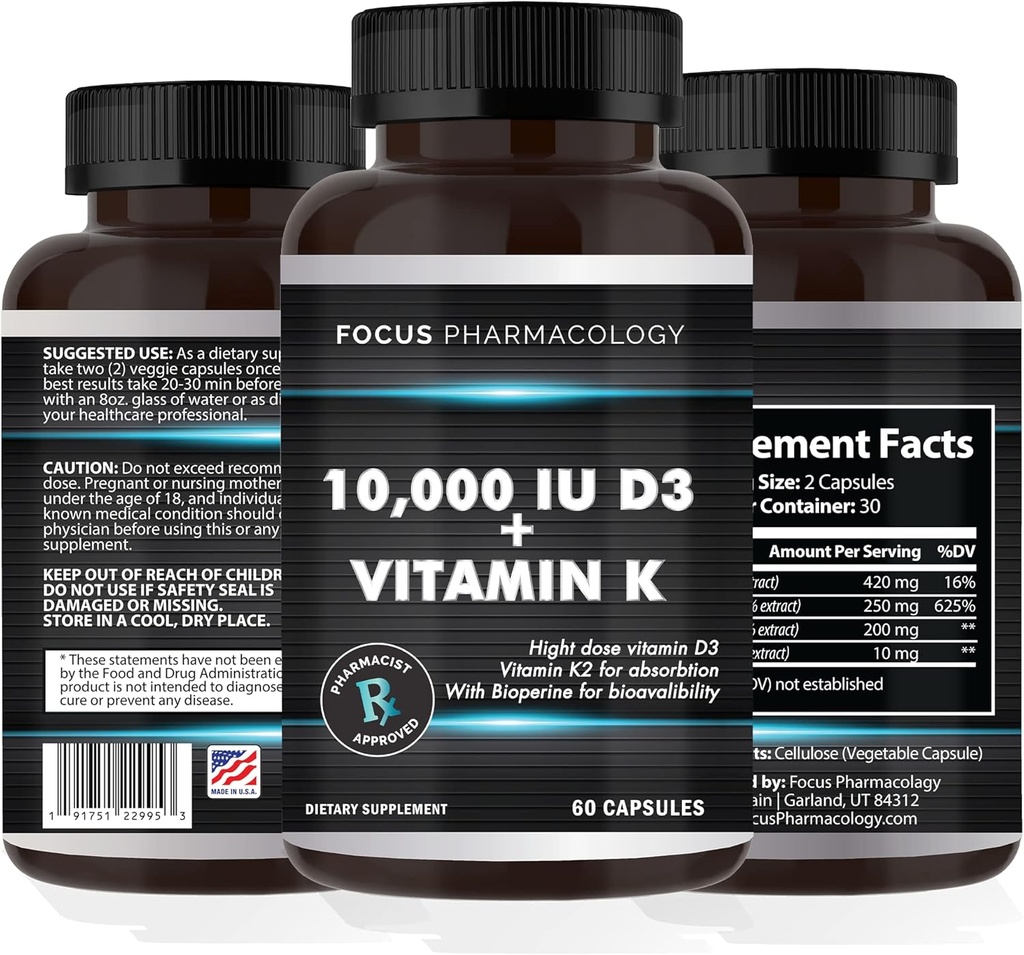 Vitamina K2 con D3 Suplemento de Fuerza Extra Bone ← Salud del Corazón Non-GMO Fórmula 10,000 UI Vitamina D3 &amp; 200 mcg Vitamina K2 (MK7)