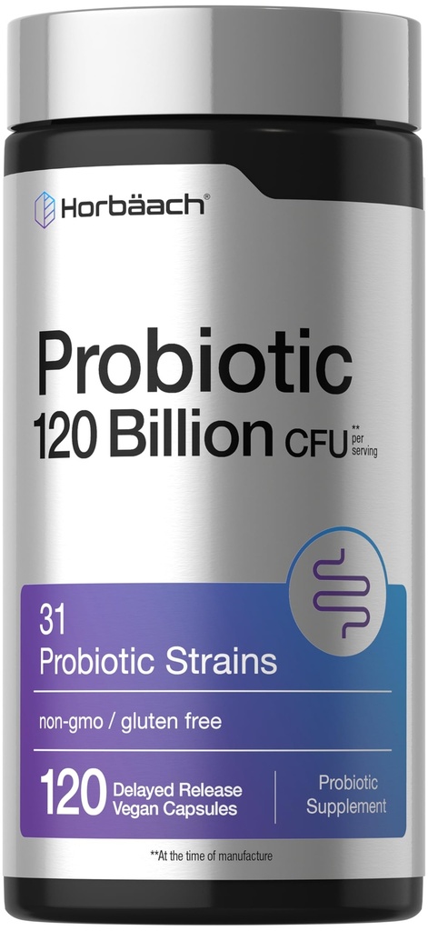 Horbäach Probiotics for Women and Men | 120 Billion CFU | 120 Capsules | 31 Probiotic Strains with Prebiotic | Non-GMO & Gluten Free Supplement