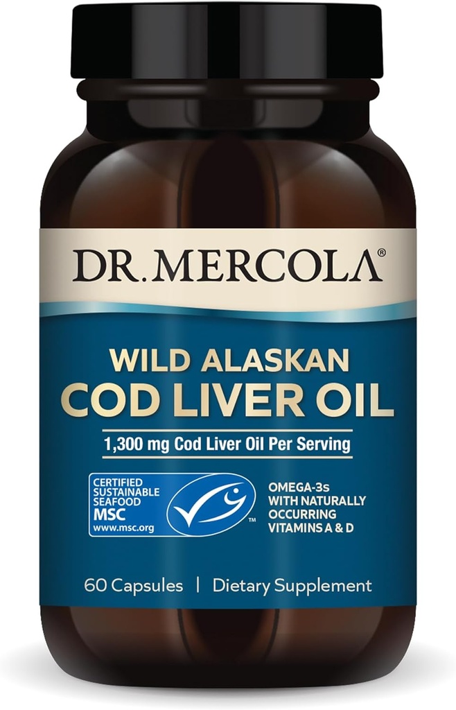 Dr. Mercola Cod Liver Oil, 1.300 mg Por Serving, 30 Servings (60 Capsules), Suplemento dietético, Apoya Cerebro, Hueso y Salud Conjunta, No GMO, MSC Certified