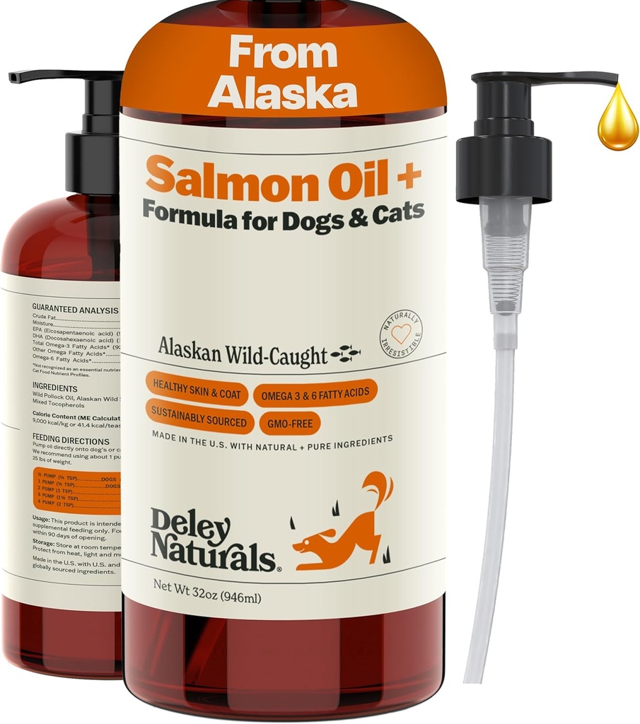 Deley Naturals Salvaje Aceite de Salmón de Alaska para Perros - Nuevo &amp; Mejorado Aceite de Salmón Plus Fórmula - Aceite de pescado para perros con DHA EPA Omega 3 &amp; 6 Ácidos grasos - Omega 3 Aceite de pescado para piel &amp; carne - 32oz Hecho en USA