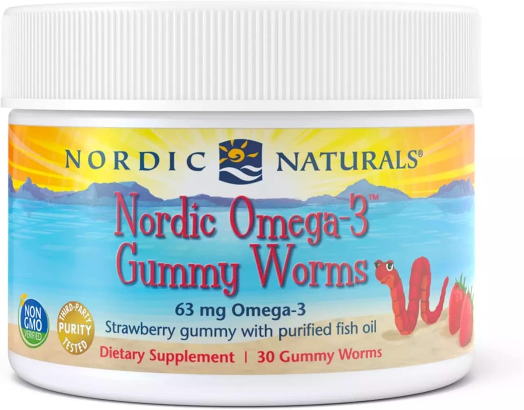 Nordic Naturals Nordic Omega-3 Gummy Worms, Fresa - 30 Gummy Worms - 63 mg Total Omega-3 con EPA & DHA - 30 Servimientos